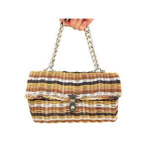 1960s Striped Vinyl Coated Wicker Purse with Metal Curb Chain Handle on Handbag